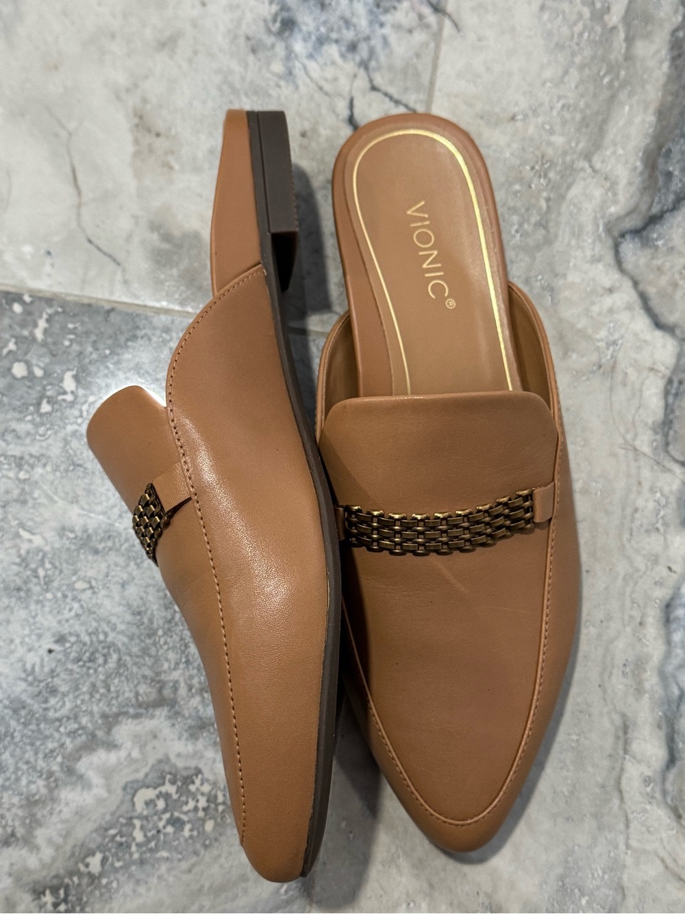 Vionic Tan Leather Slip-On Mule with Chain Accent - Picture 3 of 5
